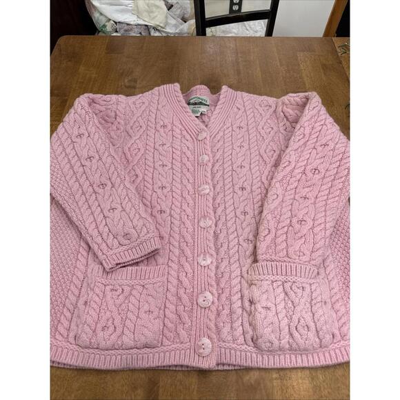 Aran Crafts Cable Knit Cardigan Sweater Women Sz L Pink Merino Wool Chunky Cabin - Picture 1 of 10